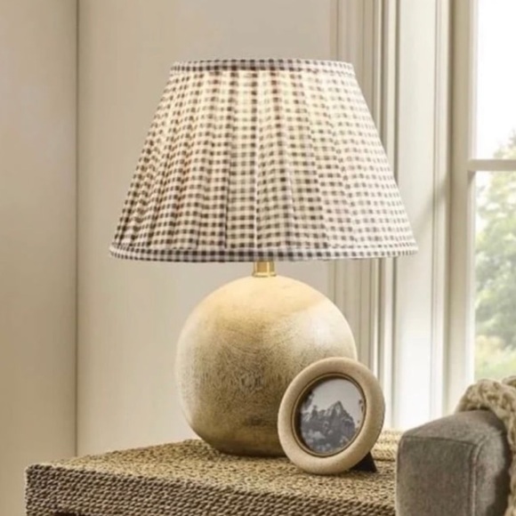 Medium Faux Wood Table Lamp Base w/ Gingham Pleated Shade-Threshold Studio McGee - Picture 1 of 10